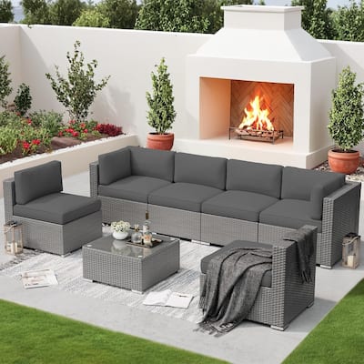 7-piece Outdoor Patio Grey Wicker Rattan Cushioned Sectional Sofa Conversation Set