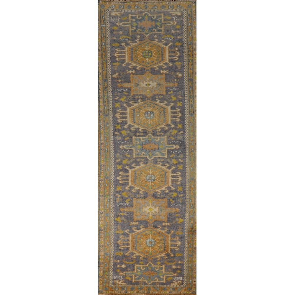 Hand Knotted Oriental 100% Wool Carpet Transitional Geometric Greys & Charcoal Khotan Runner Rug - 9' 8'' X 2' 6''