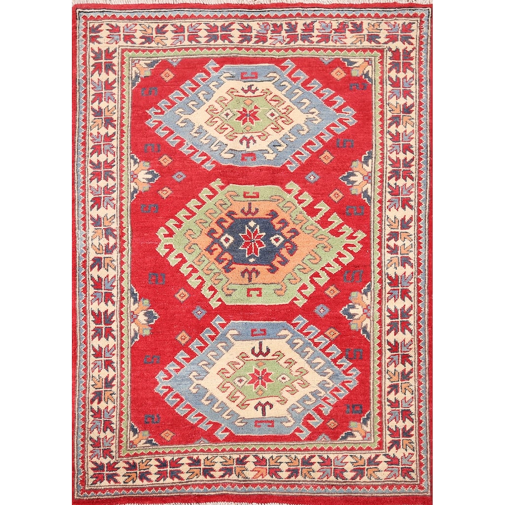 Geometric Kazak Accent Rug Hand-Knotted Red Wool Carpet - 3'4" x 4'7"