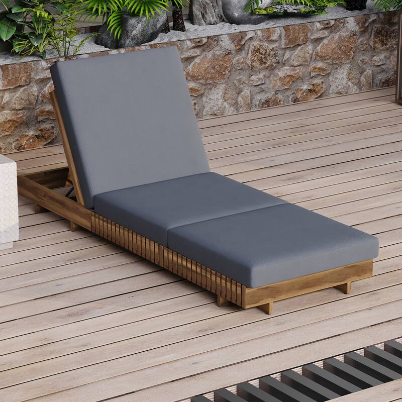 Roomfitters Outdoor Chaise Lounge with 6-Position Backrest, Acacia Solid Wood Recliner for Patio, Teak