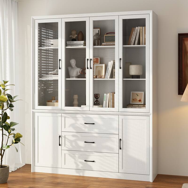 79.6" Tall Glass Display Cabinet, 6-Tier Bookshelf with Drawers Bookcae Panrty - White