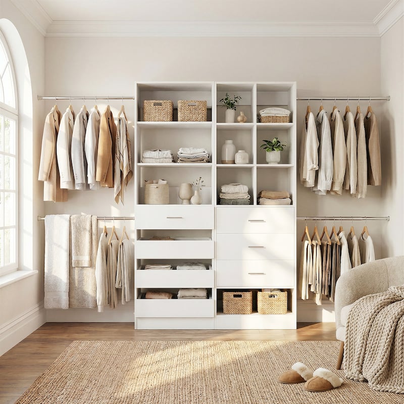 Set of 2 Closet System with 7 Wooden Drawers ＆ 4 Hanging Rods, Heavy Duty Walk-in Closet Organizer System with Shelves - White