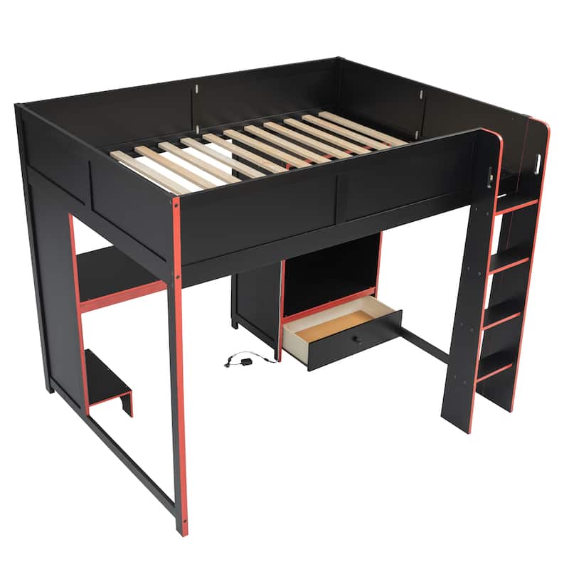 Wood Full Size Gaming Loft Bed With Built-In Desk, Wardrobe, LED And A Drawer