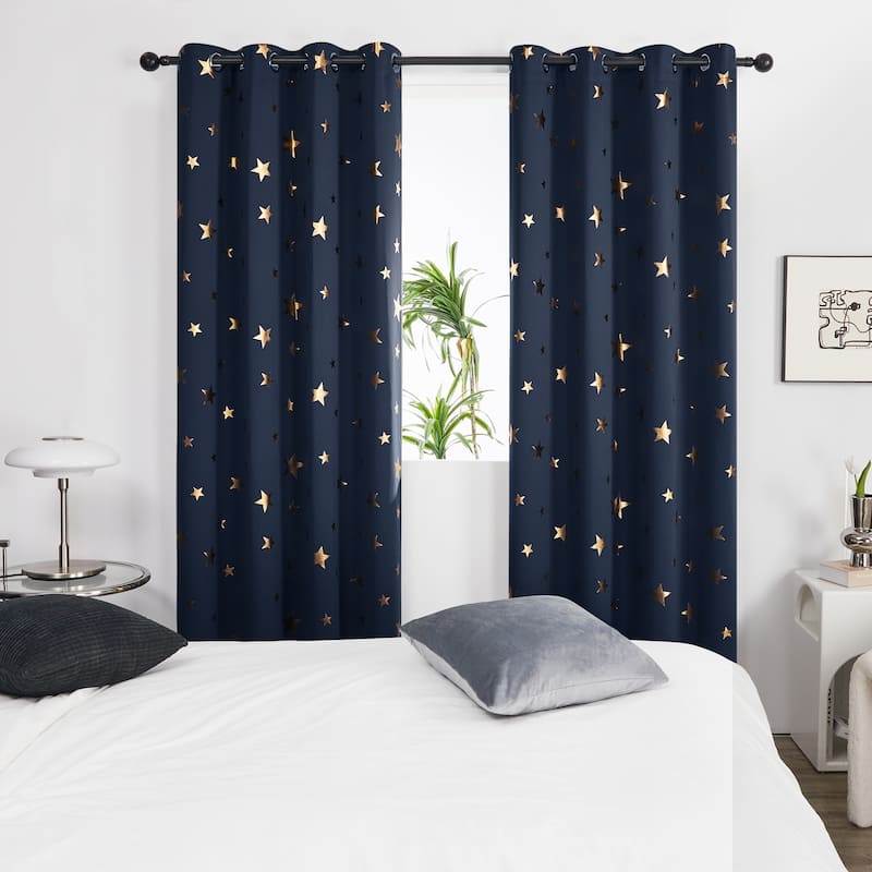 Gold Star Foil Room Darkening Curtains for Kids 2 Panels