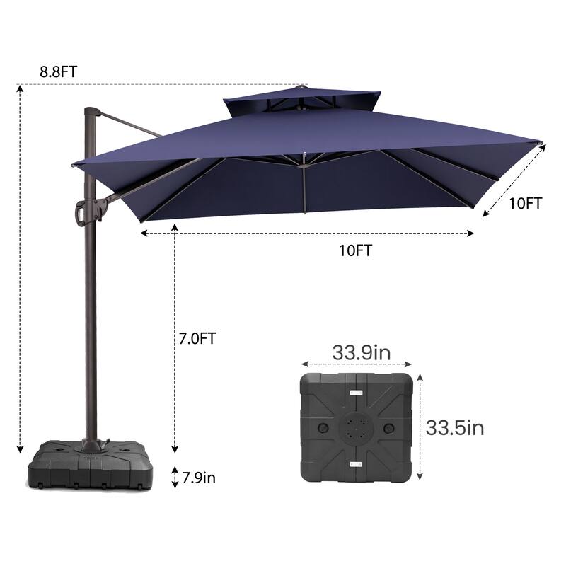 Pellebant Outdoor 10x10 FT Square Cantilever Patio Umbrella 360 Degree Rotation with HDPE Base