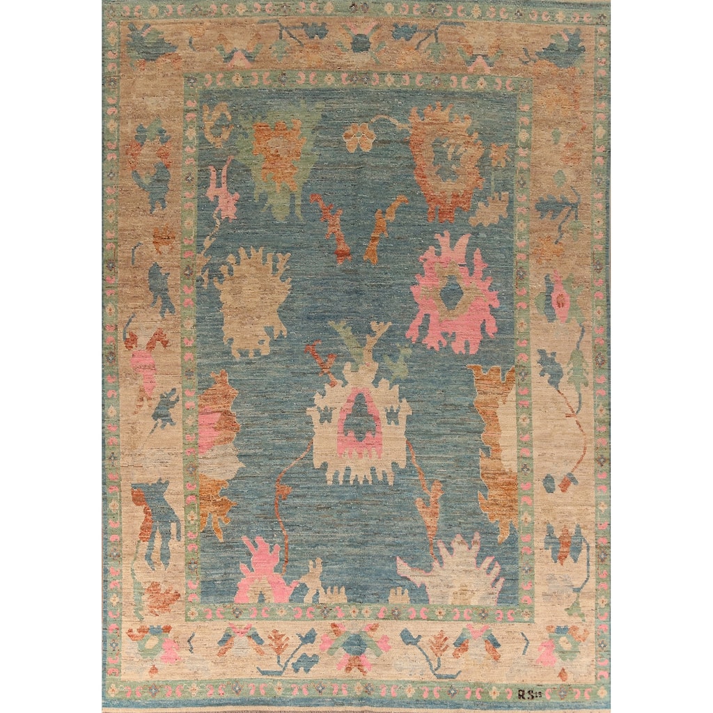 Vegetable Dye Blue Oushak Turkish Large Rug Hand-Knotted Wool Carpet - 10'5" x 14'0"