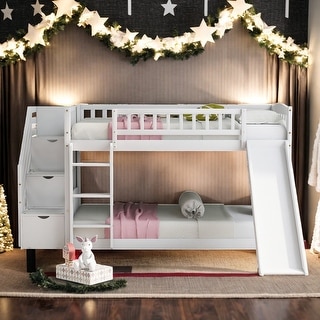 Twin over Twin Bunk Bed with Two Drawers and Slide, White