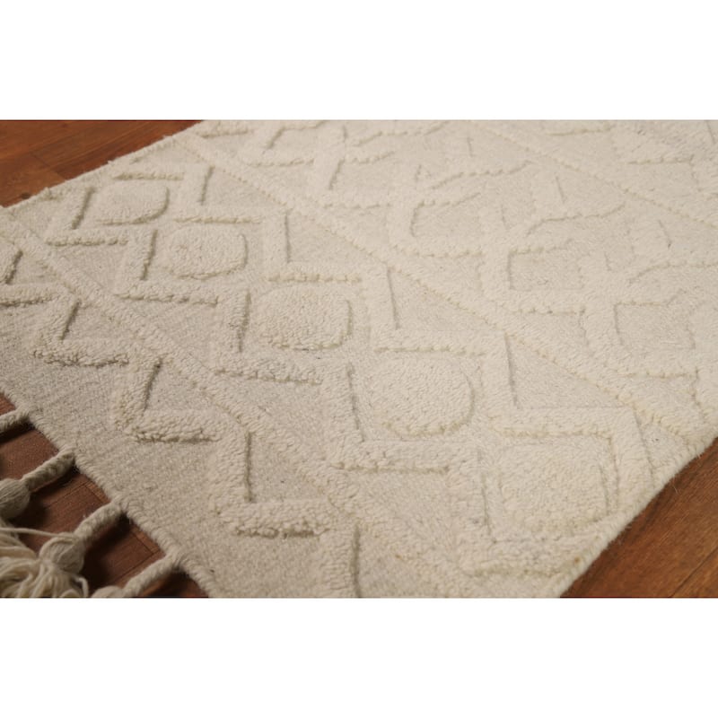 Geometric Ivory Moroccan Oriental Foyer Rug Hand-Knotted Wool Carpet - 2'0"x 3'0"