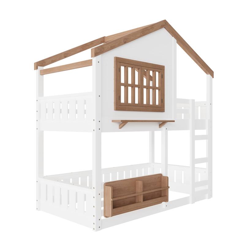 Fairytale House Bunk Bed Wood Loft Bed Frame with Bookshelf and Shelf
