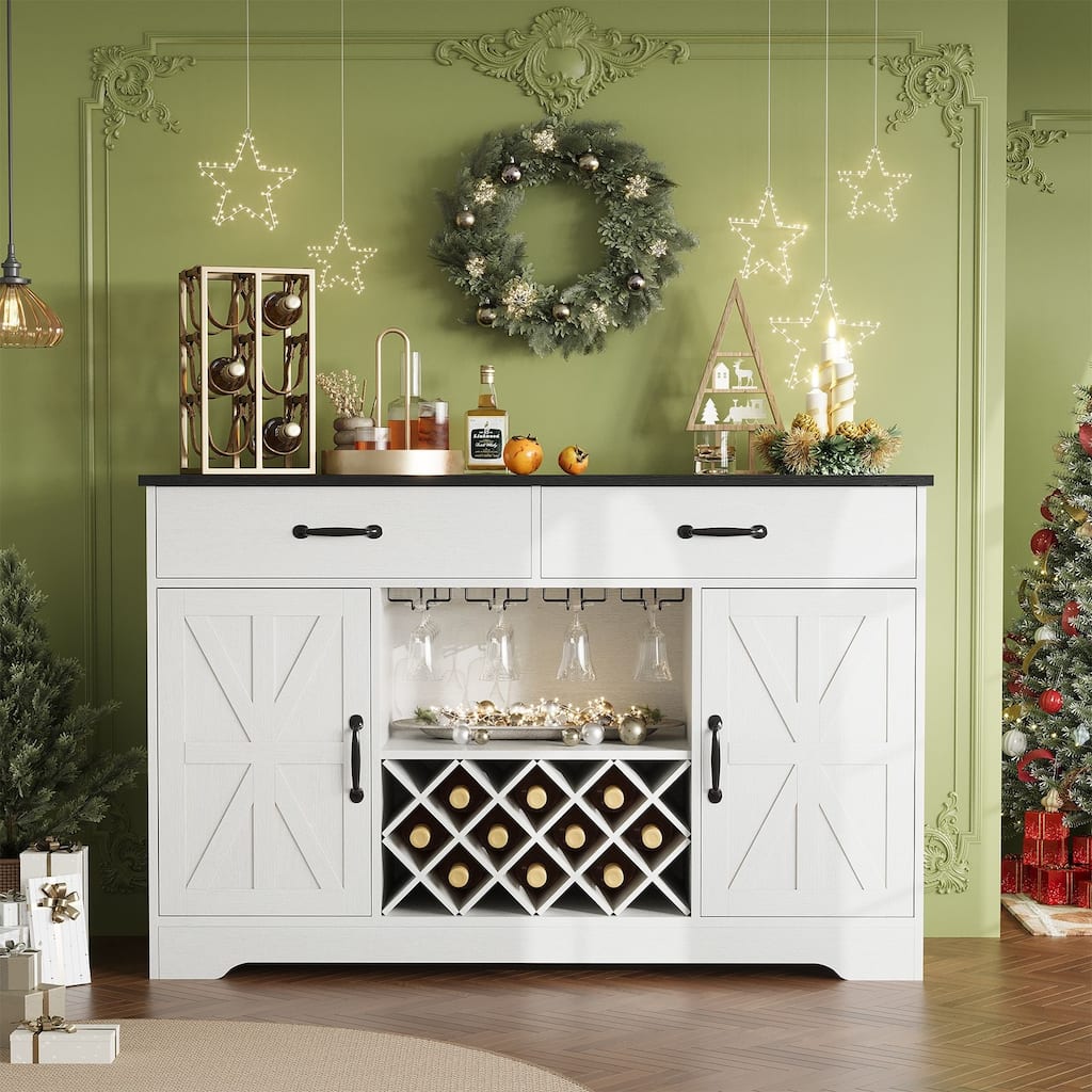 Gymojoy 55" Farmhouse Bar Cabinet with Wine Rack & Coffee Station, Rustic Storage for Dining Room, Kitchen, Living Room
