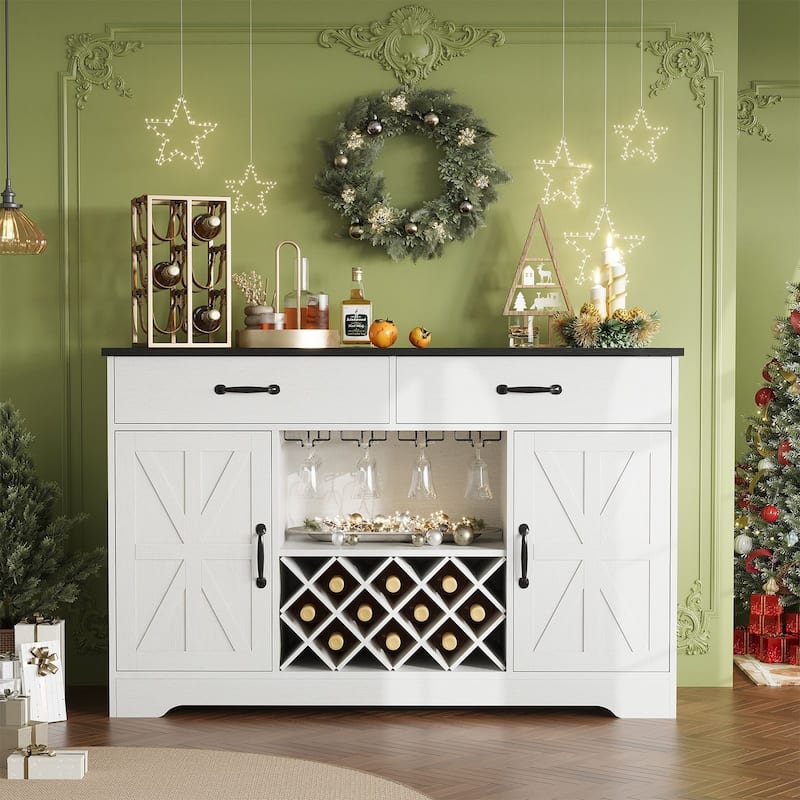 Gymojoy 55" Farmhouse Bar Cabinet with Wine Rack & Coffee Station, Rustic Storage for Dining Room, Kitchen, Living Room - White