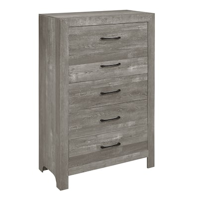 48 Inch Tall Dresser Chest, Gray Wood, Black Nickel Bar Handles, 5 Drawers