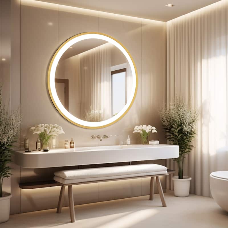 Gold Framed LED Wall Bathroom Vanity Mirror 3 Color Dimmable Anti Fog