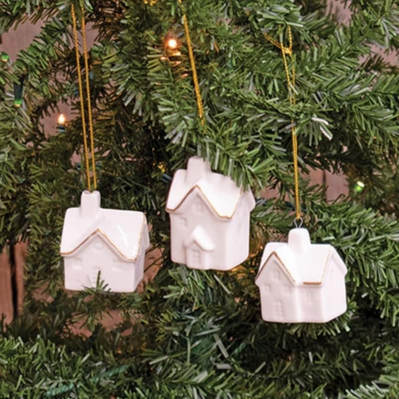 Set of 3 Ivory Ceramic House Ornaments with Gold Ribbon for Christmas Tree or Hanging Decor - 2" H x 1" W x 1.5" D