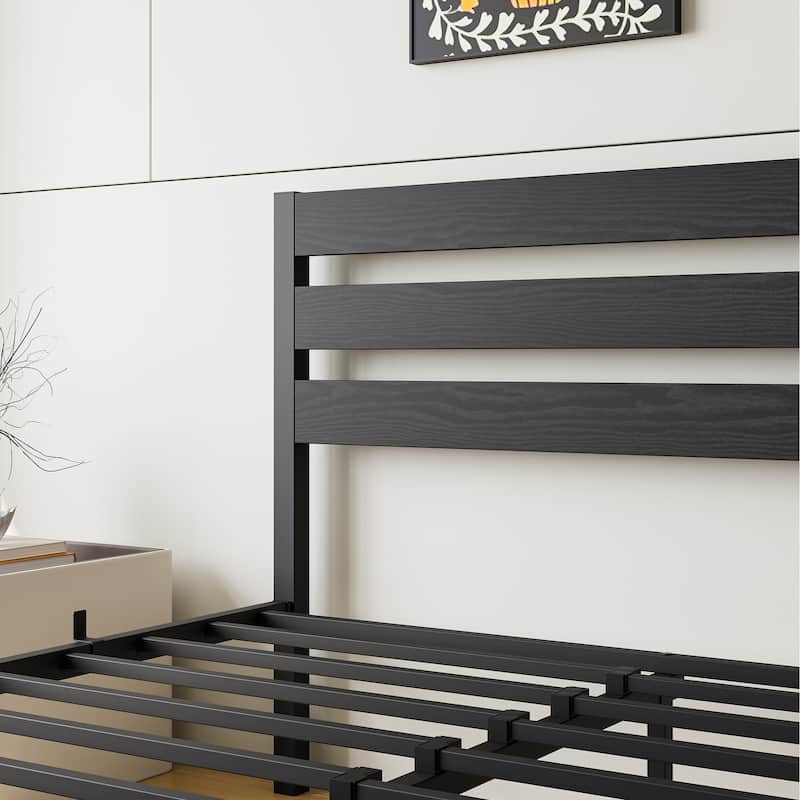 Modern Style Metal Platform Bed with Rustic Vintage Wooden Headboard for Bedroom
