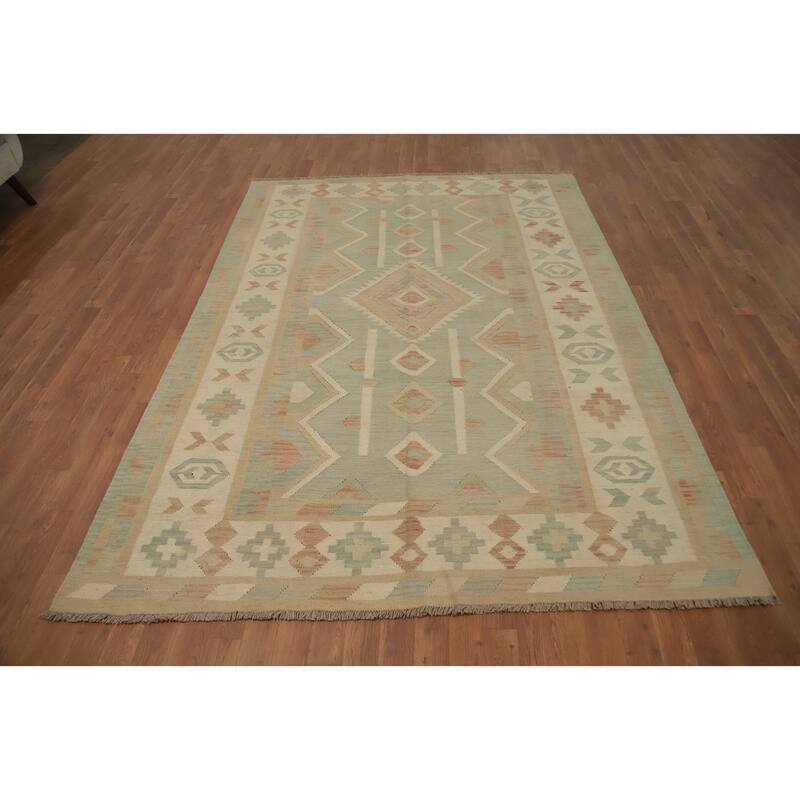 Hand Woven Oriental 100% Wool Carpet Southwestern Tribal Green Kilim Area Rug - 8' 2'' X 5' 10''