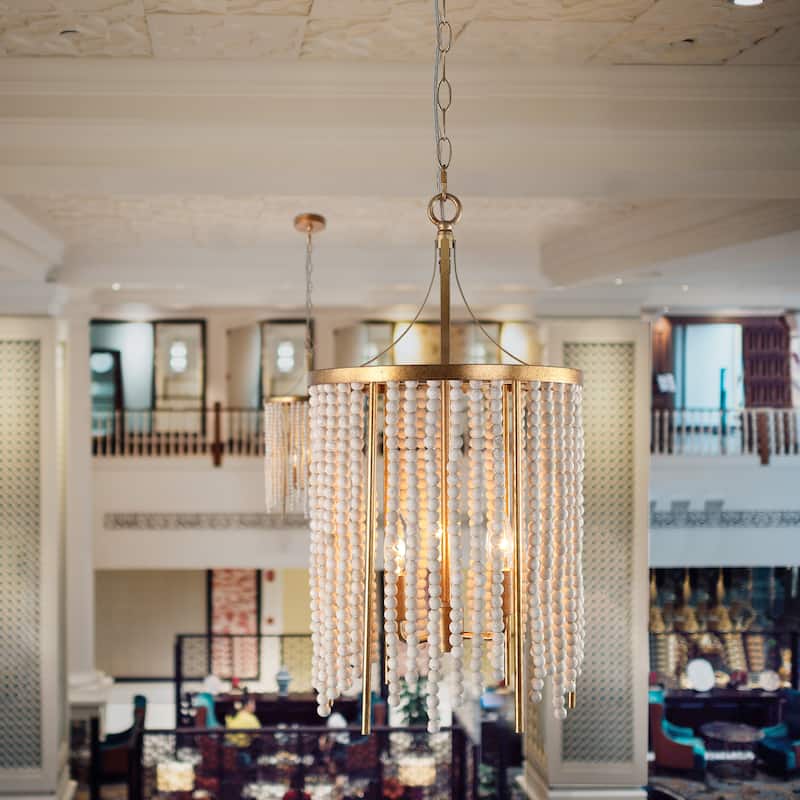 Mid-century Modern Chandelier Drum Pendant Light with Distressed White Wood Beads Bedroom Entryway Dining room - D 12.5"x H 23"