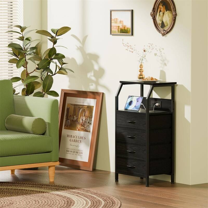 Night Stand with Charging Station Small Bedside Table with Wood Shelf