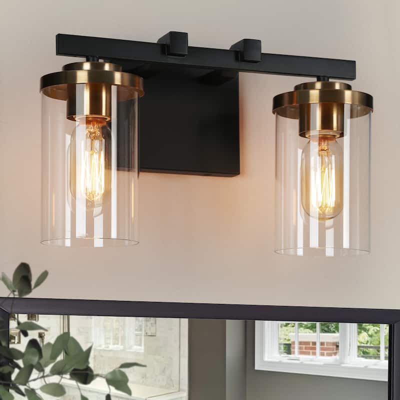 Modern Farmhouse 2-Light Black Gold Bathroom Vanity Light Glass Wall Lighting - 14" L x 6" W x 8" H