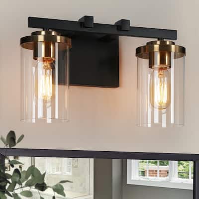 Modern Farmhouse 2-Light Black Gold Bathroom Vanity Light Glass Wall Lighting - 14" L x 6" W x 8" H