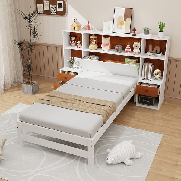 slide 2 of 10, Bed Frame with Storage Headboard and Nightstands-Twin Size Brown, White