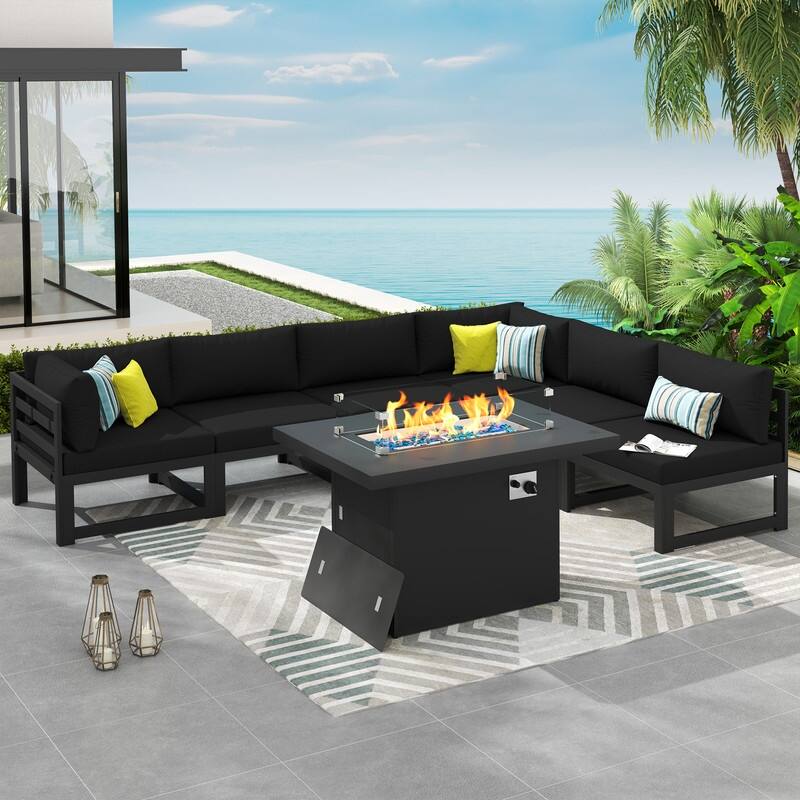 7 Piece Aluminum Patio Furniture Set with Fire Pit Propane/Gas, 29 inch Deep Wide Seat Aluminum Outdoor Sectional - Gray Frame - Black