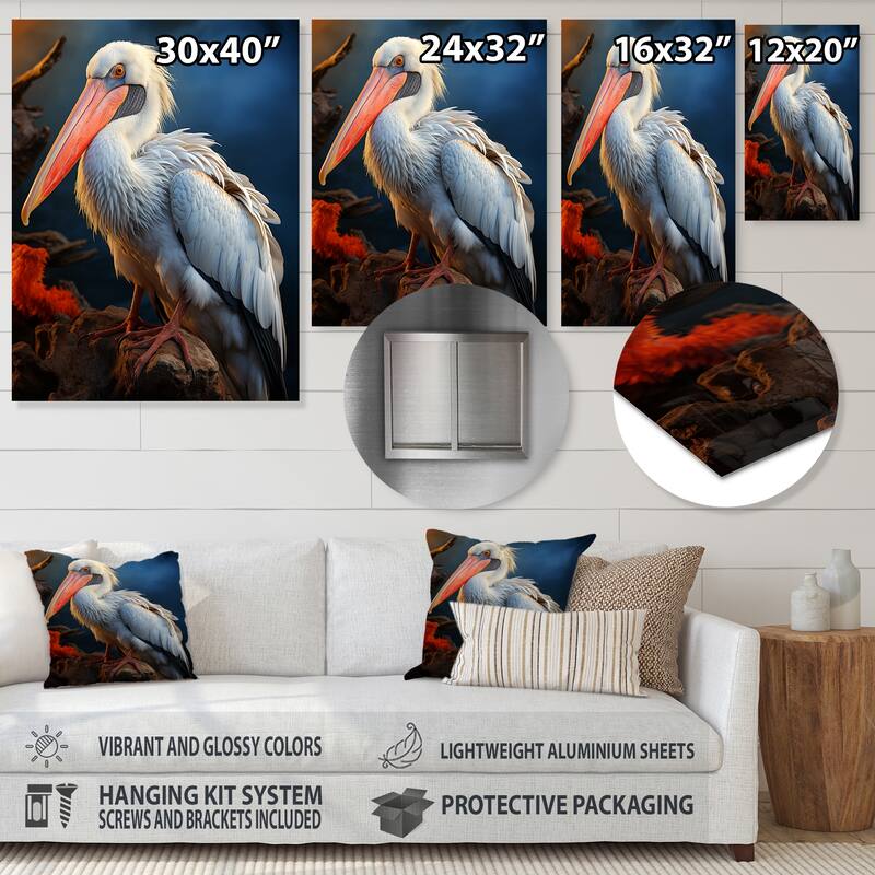 Designart "Coral White Animal Pelican" Pelican Metal Wall Art Prints
