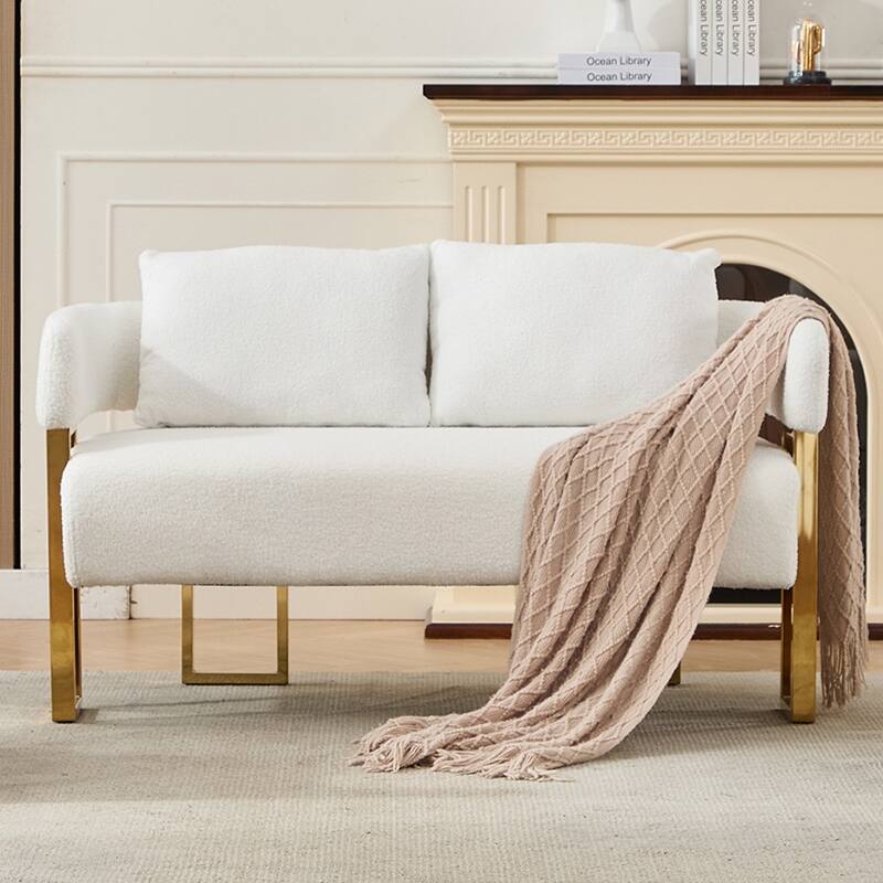 Modern decorative chair, living room side chair with gold metal legs, no wheels, suitable for dressing area - White+Gold