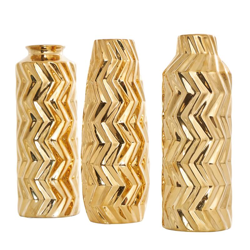 Gold Ceramic Dimensional Chevron Textured Decorative Vase with Varying Shapes (Set of 3)
