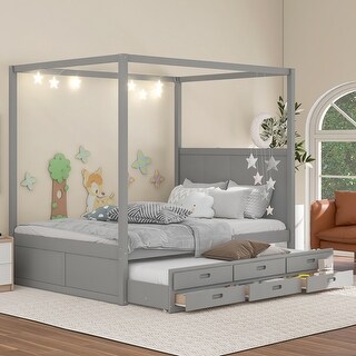 Solid Construction,Queen Size Canopy Platform Bed with Twin Size Trundle and Three Storage Drawers