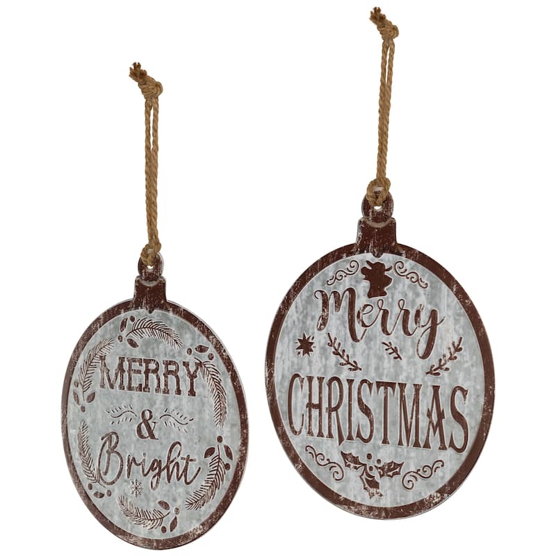 Merry Christmas and Merry and Bright Wall Signs - 14" - Gray and Brown - Set of 2