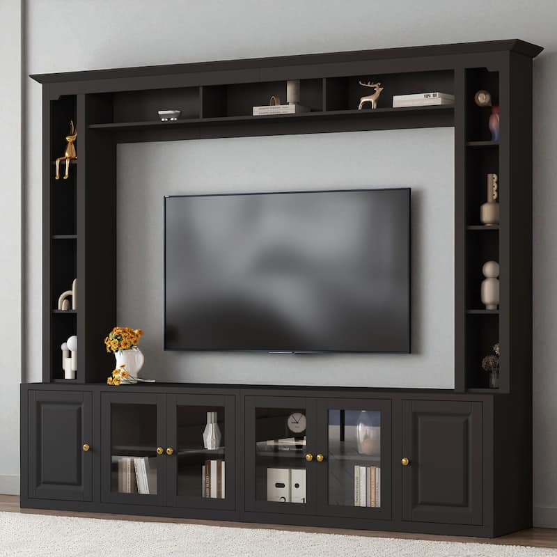 4-Piece Modern TV Stand and Wall Unit with Storage, Large 92 Inch Media Console with Cabinets & Display Shelves for 80 Inch TV