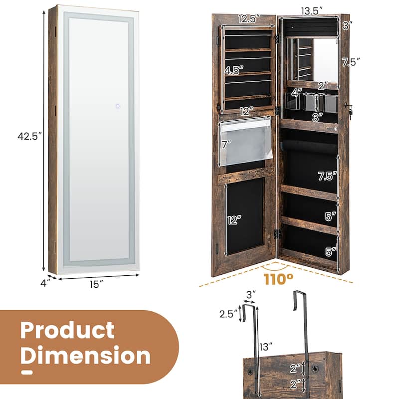 Gymax LED Mirror Jewelry Cabinet Wall/Door Mounted Organizer Armoire