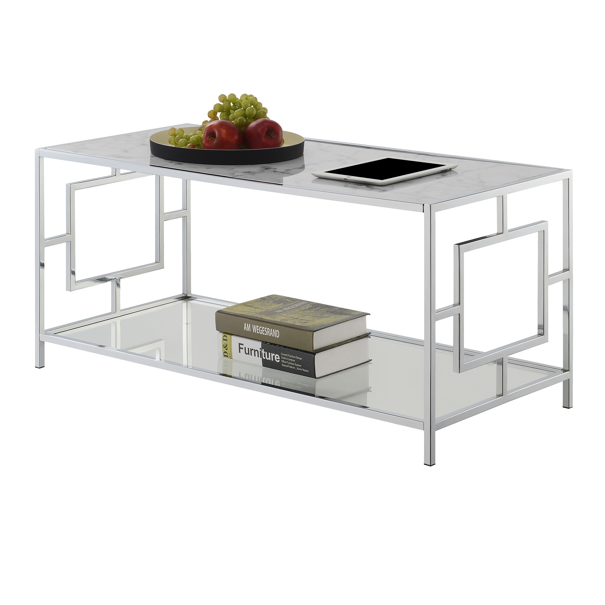Tavolino Convenience Concepts Town Square End – Finto Marmo Bianco E Cromato, Design Classico E Moderno Per Soggiorno, 40x40x61 Cm