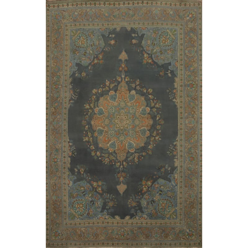 Hand Knotted Oriental 100% Wool Carpet Traditional Medallion Greys & Charcoal Tabriz Area Rug - 10' 11'' X 8' 0''