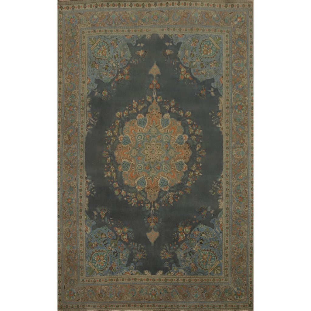 Hand Knotted Oriental 100% Wool Carpet Traditional Medallion Greys & Charcoal Tabriz Area Rug - 10' 11'' X 8' 0''