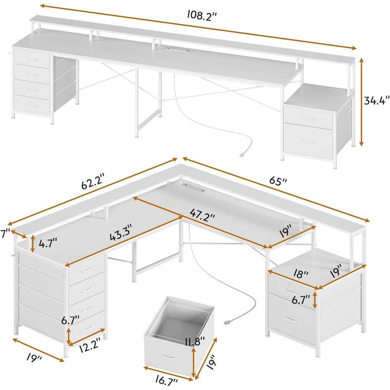 L Shaped Home Office Desk with 6 Drawer File Drawer Power Outlet