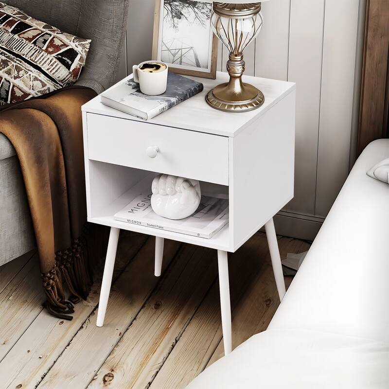 VECELO Nightstand Set of 2 Mid Century 1-Drawer Nightstand with Enclosed Open Shelf Multi-Color Options for Bedroom Living room