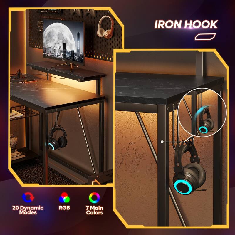Bestier 42" Gaming Desk with Power Outlets, L-Shaped Desk with LED Lights and Reversible
