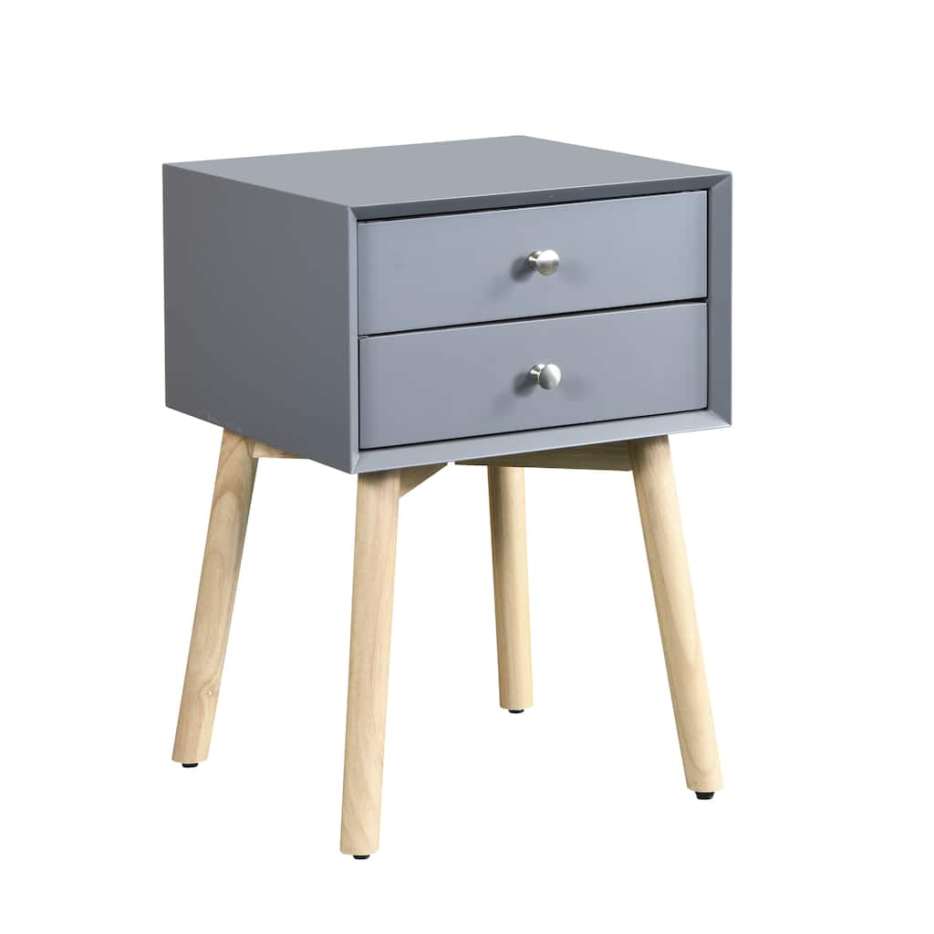 Mid-Century Modern Nightstand Featuring Double Drawers and Rubber Wood Legs