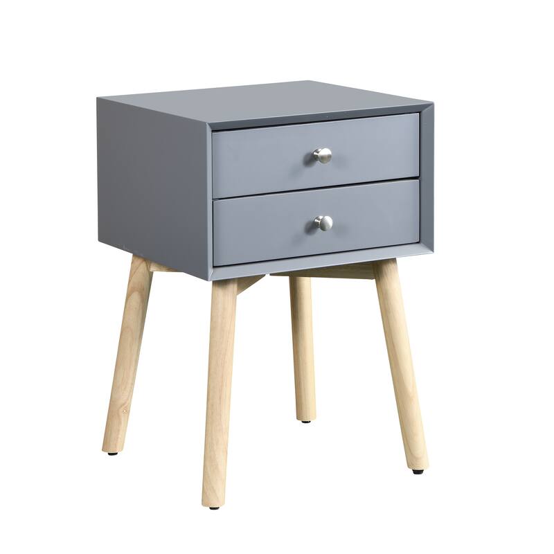 Side Table, Bedside Table With 2 Drawers And Rubber Wood Legs