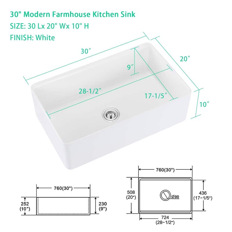 PROOX 30" W X 20" D Apron-front Farmhouse Fireclay Kitchen Sink with Accessories - 30" W X 20" D