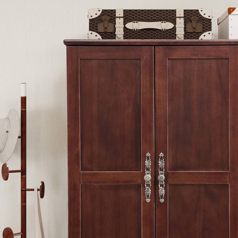 100% Solid Wood Walnut Armoire Wardrobe Closet with Drawers and Hanging Rod, Farmhouse Style Wardrobe Closet with 3 Doors