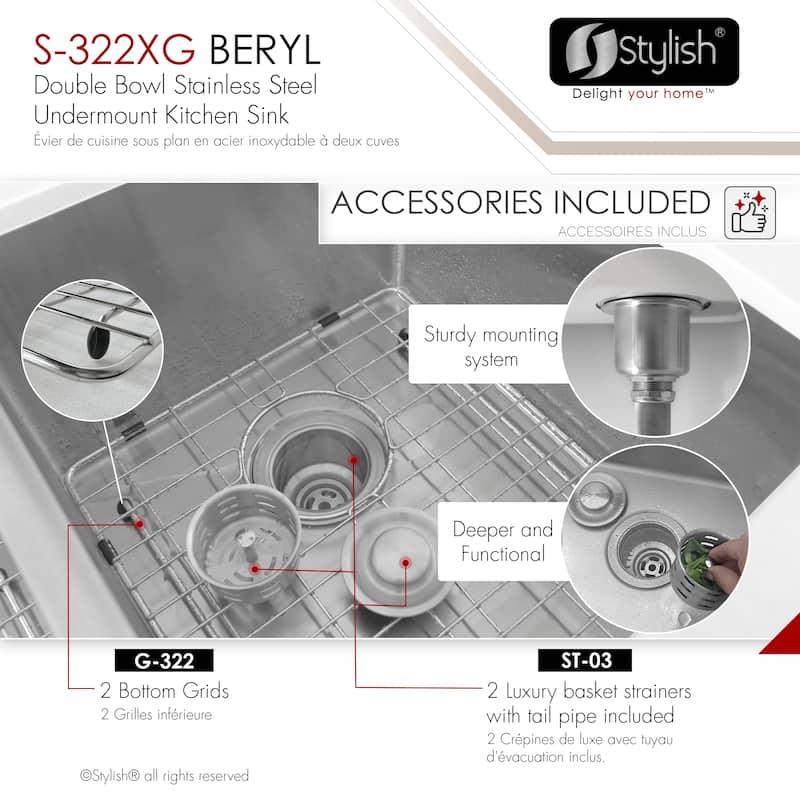 Undermount 33" Stainless Steel Double Bowl Kitchen Sink Handmade - 33" x 18" x 10"