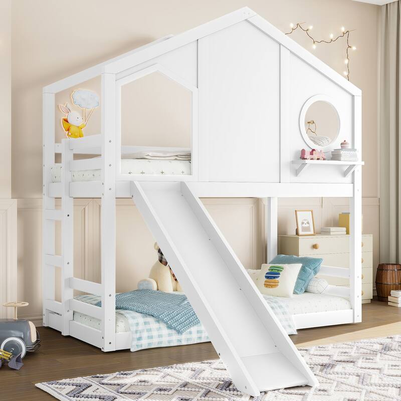 Playful House Bed Kids Twin Over Twin Bunk Bed with Shelf and Slide