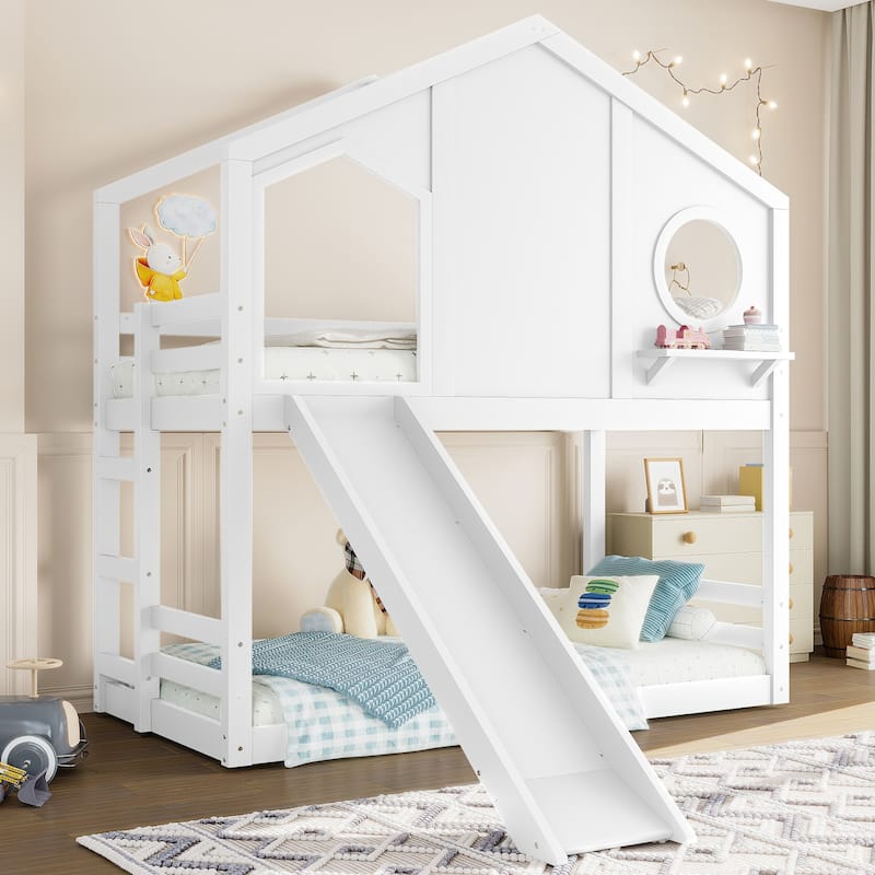 Twin House Bunk Bed with Slide & Storage Shelves - Solid Wood, Childlike Design, Window
