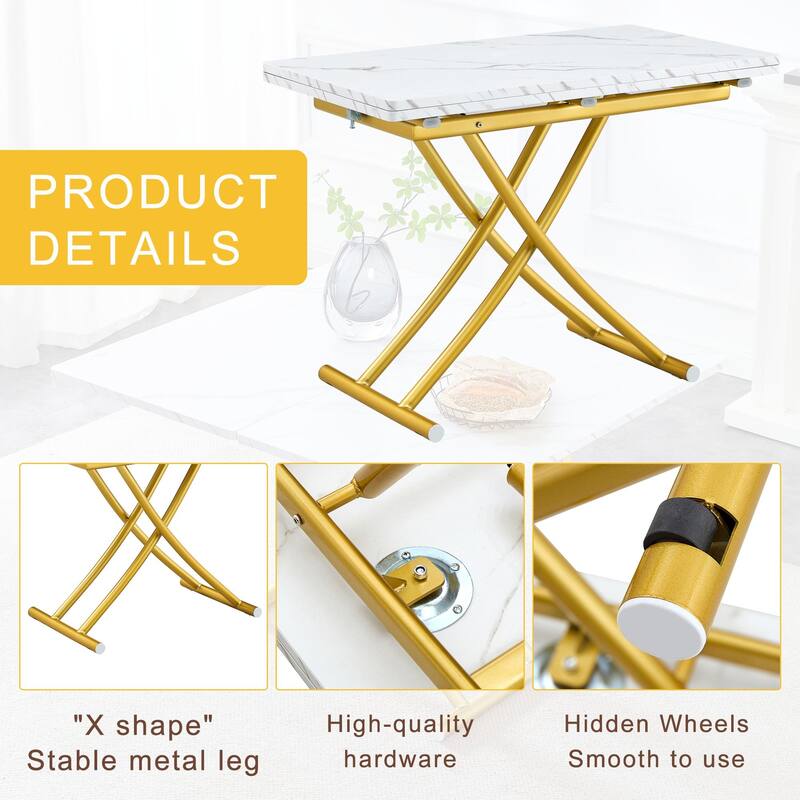 Modern multifunctional lifting platform, wood textured sticker MDF desktop, metal legs. with 4 dining chairs