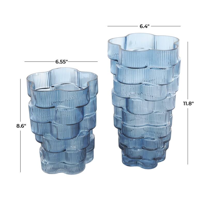 Glass Ribbed Stacked Flower Decorative Vase - Set of 2 Brown or Blue - Roche River Decor