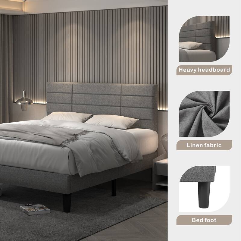 Grey Upholstered Queen Platform Bed with Bricks Stripe Headboard, Non
