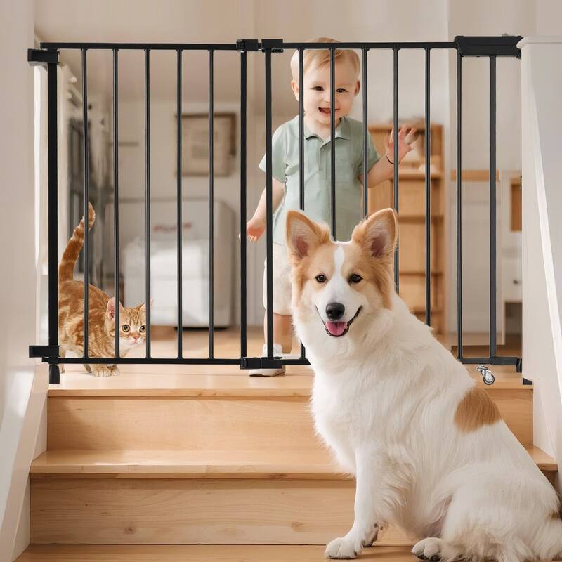 Black Adjustable Steel Baby Gate for Stairs or Doorways with No Threshold and One-Hand Open - 29.5-43”W x 28”H
